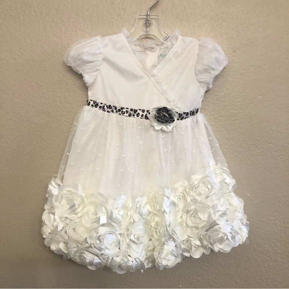 Nanette Baby® Girl Leopard Trim Short Puff Sleeve Mesh Knit Rosette Dress Sz 24M - Picture 1 of 11